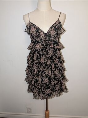 Ark & Co Black Mini Dress with Pink Floral Ruffles